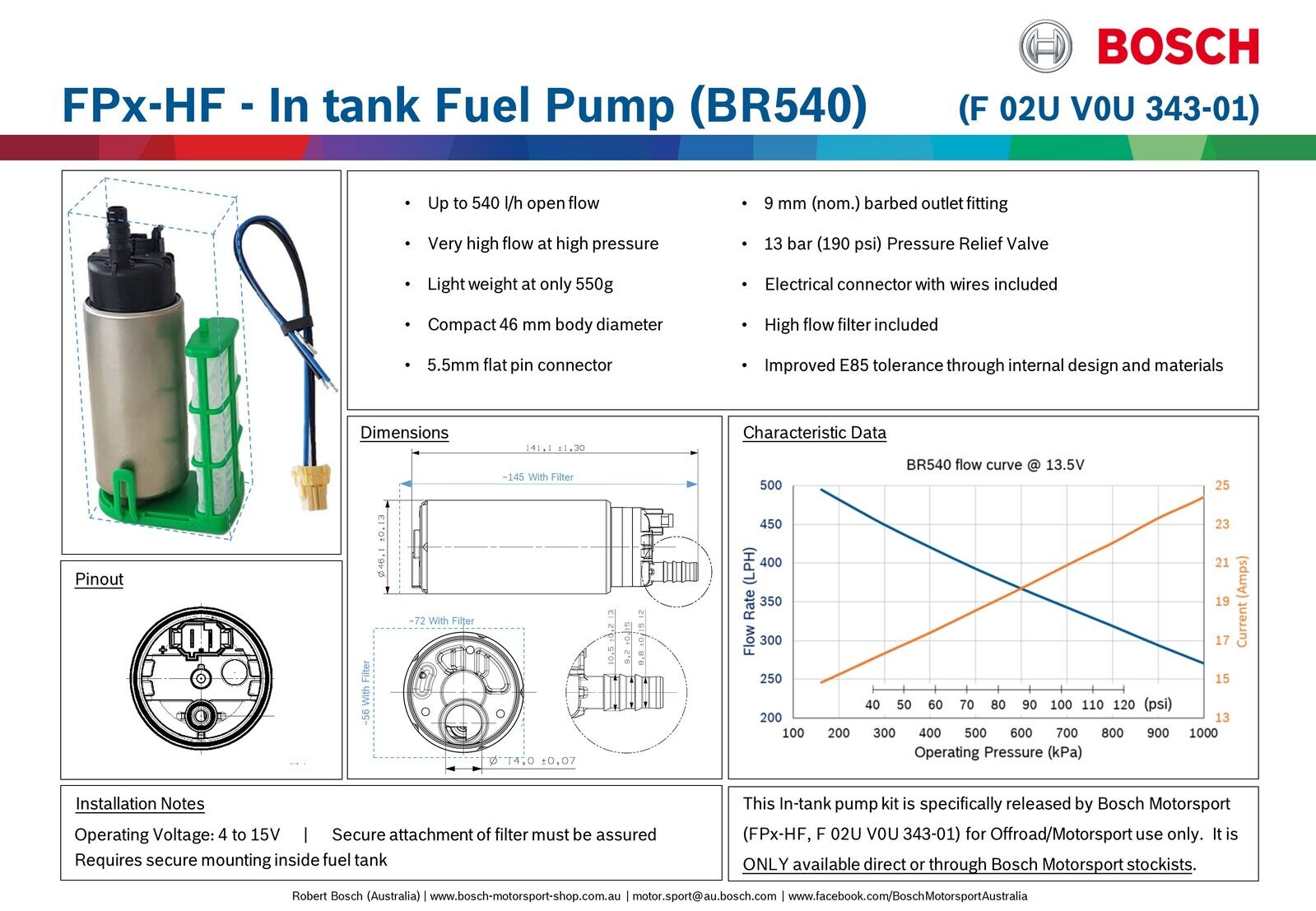 Bosch Motorsport BR540 Intank Fuel Pump